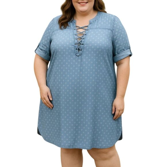 Philosophy Blue Denim Lace-Up Polka Dot Tunic Dress With Rolled Sleeves Size XXL - Picture 1 of 7